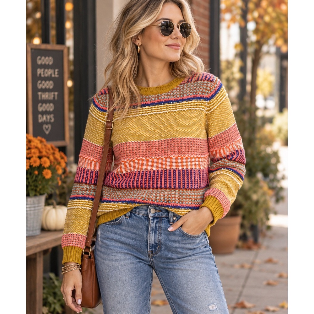 Whimsy Eclectic Boho Fall Striped Knit Sweater Festival Cottagecore Retro Sz L